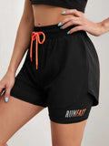 Shorts de Yoga Feminino de Cós Alto com Controle de Proximidade Elástico: Shorts de Corrida, Calça Dois em Um (Falso Duas Peças)