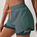 Shorts de Yoga Feminino de Cós Alto com Controle de Proximidade Elástico: Shorts de Corrida, Calça Dois em Um (Falso Duas Peças)