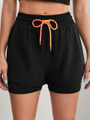 Shorts de Yoga Feminino de Cós Alto com Controle de Proximidade Elástico: Shorts de Corrida, Calça Dois em Um (Falso Duas Peças)