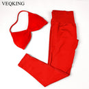 Conjunto de Yoga Feminino de 2 Peças VEQKING: Leggings de Academia Empina Bumbum (Hip Lift) Sem Costura e Top com Tiras Trançadas (Strappy), Costas Abertas, Frente Única (Halter) e Efeito Push Up
