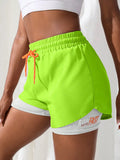 Shorts de Yoga Feminino de Cós Alto com Controle de Proximidade Elástico: Shorts de Corrida, Calça Dois em Um (Falso Duas Peças)